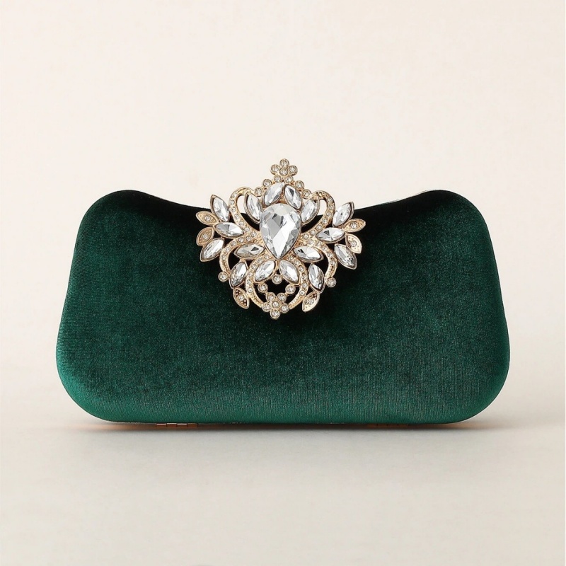 Luxury Bags Collection - Dunkelgrüne Samt-Clutch Luxuriöse Strass-Blumenbrosche Harte Abendhandtasche